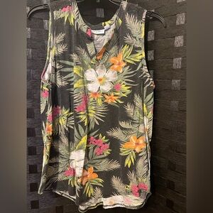 Kiwi Fresh Womans Blouse Top Green Multicolor Large Tropical Lace Sleeveless